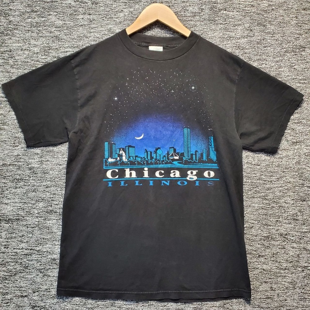 Vintage Tultex Chicago Illinois Skyline T Shirt Mens Large Black Graphic Tee